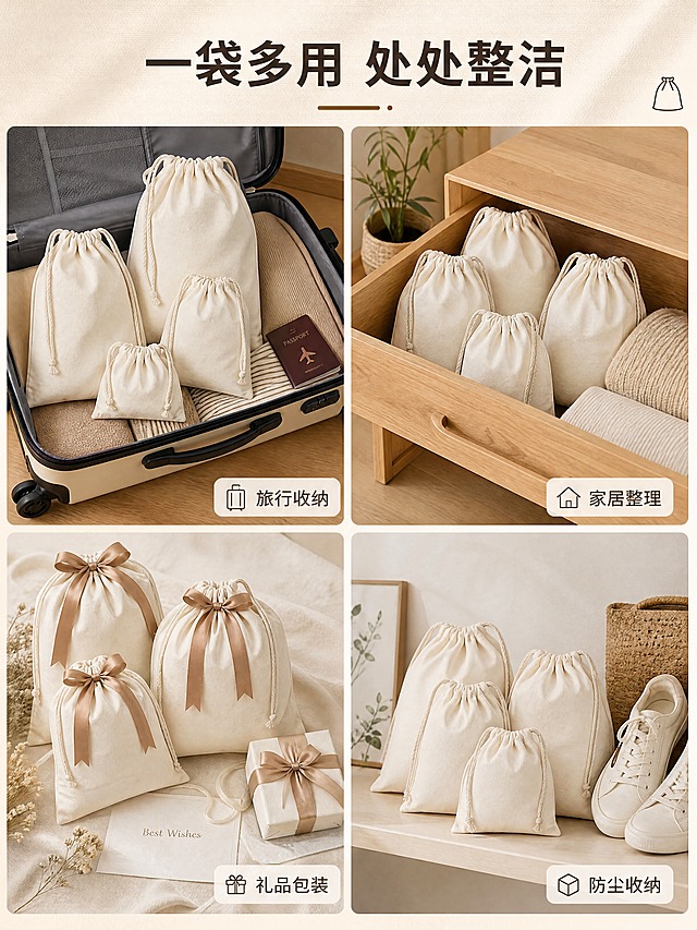 [商品] 使用【图1】米白色帆布束口袋各尺寸；保留抽绳、帆布材质和米白本色；分别放入4个不同场景中。
[画面] 第6张多场景应用页，目标展示多用途；2×2四宫格拼图，4个场景：左上旅行收纳（行李箱内）、右上家居整理（衣柜抽屉）、左下礼品包装（配丝带装饰）、右下防尘收纳（鞋子/小物件）；每格一个场景。
[视觉] 套系策略：风格=日系自然质朴商业摄影；标题字=思源黑体粗体；正文字=思源黑体常规；主色=米杏白；背景延展=基于米杏白做深浅层级、同色渐变和细腻帆布/木质质感；强调色=原木棕，仅用于小面积图标、引线和标签；标题色=深炭棕；正文色=中暖灰；组件=圆角浅底信息卡、细线引线、原木色标签；光影=左前侧暖柔光，柔和阴影。
[文字] 顶部主标题"一袋多用 处处整洁"，每格右下角配短场景标签：旅行收纳、家居整理、礼品包装、防尘收纳；文字横向排版。
[规格] 图片比例3:4竖版，4K，避免变形、错字、文字过小、冷蓝/蓝灰背景、产品颜色改变。
