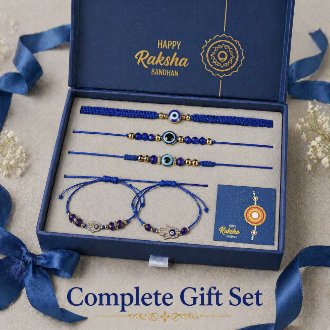 The full Raksha Bandhan gift set, including 5 different styles of evil eye bracelets and greeting ca预览效果