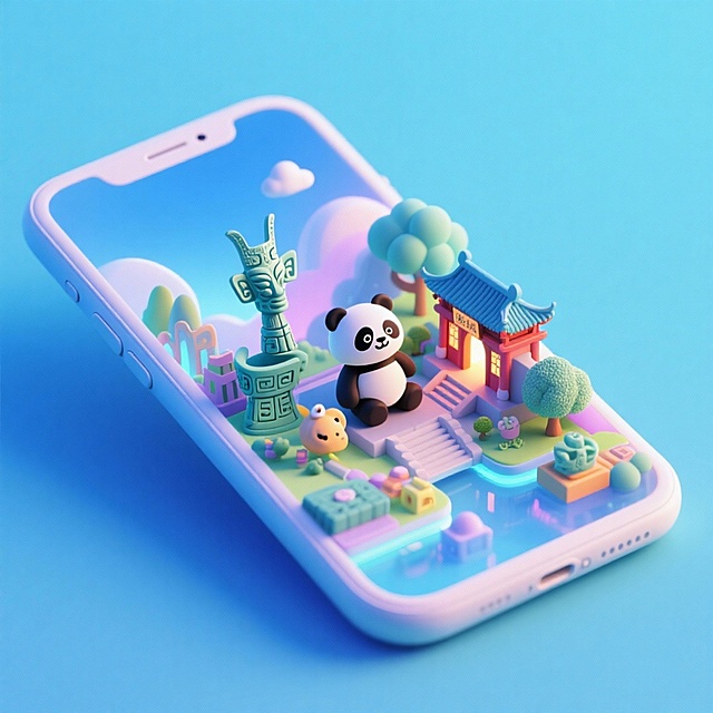 一个手机创意微缩场景，手机平放，侧面对着观众，手机俯视角度，立体的成都景观从屏幕内出来，有熊猫，三星堆，武侯祠，整体色调立体魔幻。青色背景。具有梦幻感,打光营造出柔和氛围强调梦幻和未来感的美学。