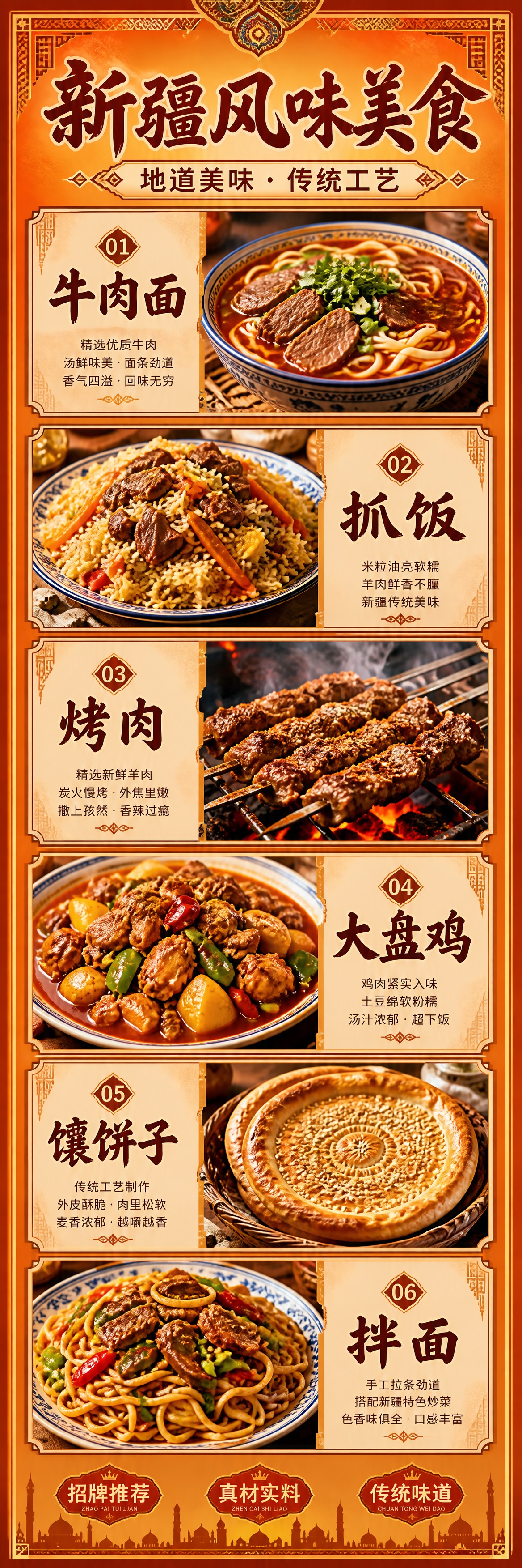 竖版超长立柱灯箱海报，新疆风味餐厅菜品展示。画面从上到下分为6… - 图片创意预览