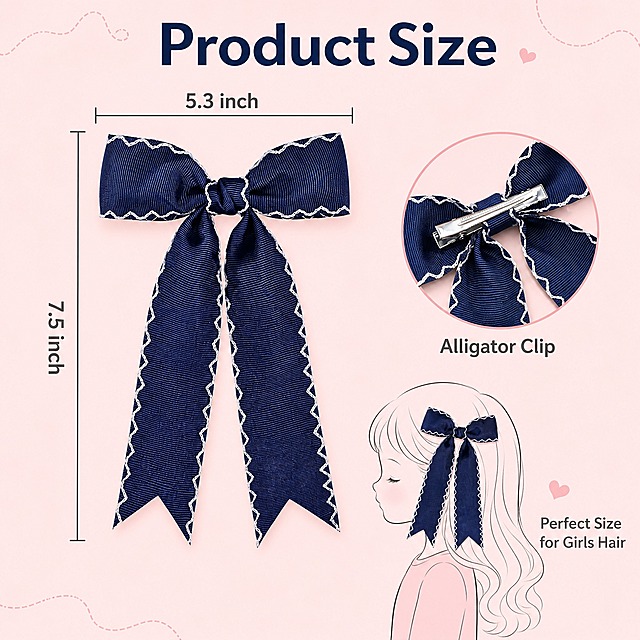 [主图-4] 2Pcs Wave Lace Edge Bow Hair Clips 尺寸规格展示。
[统一基调] 亚马逊跨境风格，浅粉色柔和背景，精致甜美儿童配饰风，英文文案，字体为优雅无衬线体，标题字色为藏蓝色，辅助文字为深灰色。
[画面] 画面中央展示一个完整的藏蓝色波浪蕾丝边蝴蝶结发夹，正面视角，水平放置。发夹周围有尺寸标注线和数字：顶部横向标注线从蝴蝶结左端到右端，标注"5.3 inch"；左侧纵向标注线从蝴蝶结顶部到飘带底部，标注"7.5 inch"。右下角有一个圆形特写图，展示发夹背面的金属鳄鱼夹，旁边标注"Alligator Clip"。画面底部有一个小女孩头部侧面轮廓的简化示意图，发夹别在头发上，直观展示发夹与头部的比例关系。
[光影质感] 商业产品摄影质感，光线均匀柔和，发夹形态清晰，尺寸标注线简洁明了。
[配色] 浅粉色柔和背景，藏蓝色发夹，白色蕾丝边，深灰色尺寸标注线和数字，藏蓝色标题文字。
[文字版式] 画面顶部居中大标题"Product Size"，字体稍大。尺寸数字用稍大字号，标注文字用小号字体。底部示意图旁标注"Perfect Size for Girls Hair"。所有文字清晰可读，不遮挡产品主体。
[输出要求] 1:1正方形比例，2048x2048像素，产品清晰，尺寸标注准确，文字清晰可读，无变形、无错字、无模糊、无水印、无平台Logo。