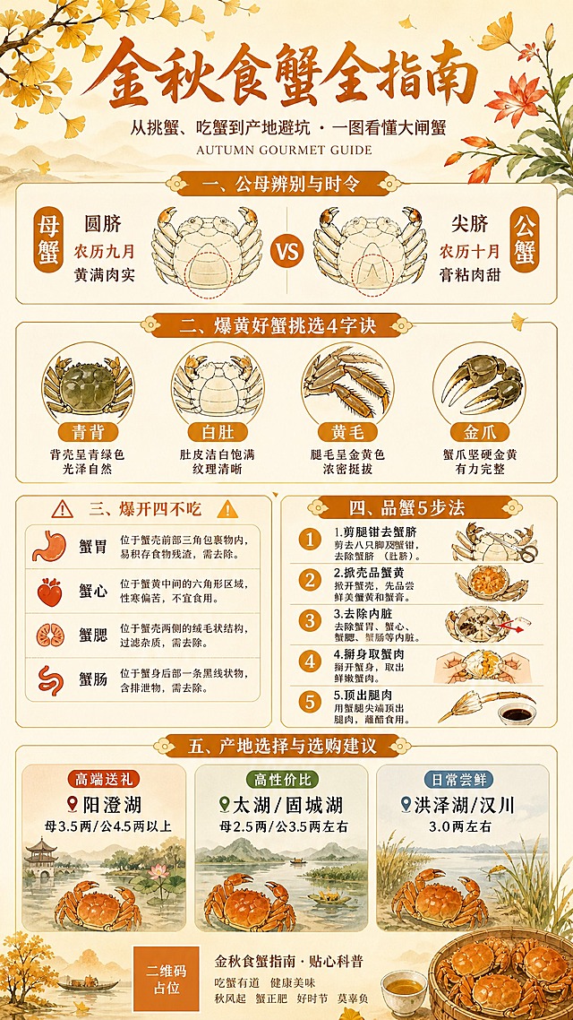 一张竖版9:16的金秋食蟹科普海报，国风新中式工笔风格，暖橙金配色，清新雅致。画面顶部居中是大标题"金秋食蟹全指南"，下方小字副标题"从挑蟹、吃蟹到产地避坑 · 一图看懂大闸蟹"，再下方英文小字"AUTUMN GOURMET GUIDE"。画面主体分为四个信息板块，用细线和淡雅色块分区，版式精美，信息层级分明：

板块一（公母辨别与时令）：左侧母蟹图标配文字"母蟹 圆脐 农历九月 黄满肉实"，右侧公蟹图标配文字"公蟹 尖脐 农历十月 膏粘肉甜"，用简笔画风格的螃蟹腹部对比示意。

板块二（爆黄好蟹挑选4字诀）：四个圆形图标横向排列，分别写"青背""白肚""黄毛""金爪"，每个图标下方有一行小字说明特征。

板块三（避开四不吃 + 品蟹5步法）：左侧警告区用⚠️图标，列出"蟹胃""蟹心""蟹腮""蟹肠"四个部位名称及简短说明；右侧品蟹步骤用数字1-5标注："1.剪腿钳去蟹脐""2.掀壳品蟹黄""3.去除内脏""4.掰身取蟹肉""5.顶出腿肉"。

板块四（产地选择与选购建议）：三列卡片式布局，分别是"高端送礼·阳澄湖·母3.5/公4.5两以上"、"高性价比·太湖/固城湖·母2.5/公3.5两左右"、"日常尝鲜·洪泽湖/汉川·3.0两左右"。

背景为淡雅的米黄色渐变，点缀飘落的银杏叶、蟹爪兰等金秋元素，底部有"金秋食蟹指南·贴心科普"小字。整体氛围温暖治愈，有秋日丰收感，文字清晰可读，排版精致有序。

画面中所有信息区域必须填充完整合理的内容，不得出现空白框、空白占位、横线待填写区域、空列表项、空单元格。画面中所有数字必须精确渲染，不得错位、遗漏或编造。画面中所有二维码区域使用纯色方块占位符呈现，方块中央标注"二维码占位"文字，严禁生成任何可识别的二维码图案。