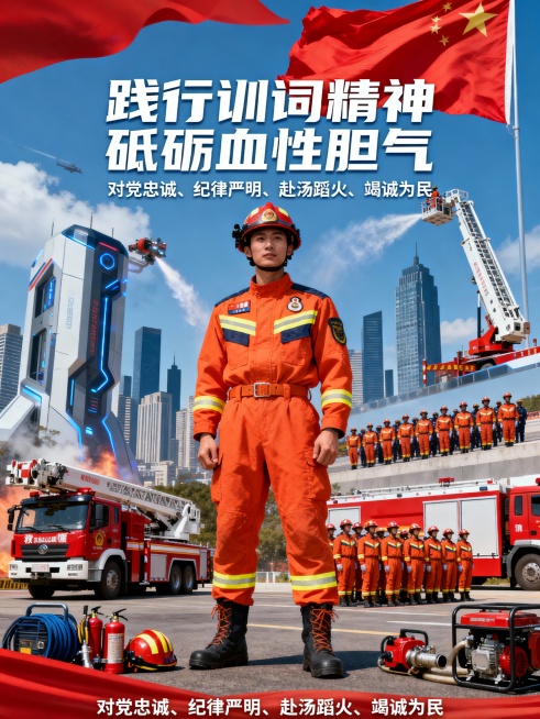 消防救援主题海报，画面中心是身着橙色救援服的消防员形象，背景融合现代化消防装备、训练场景与城市剪影，上方有飘扬的红旗，中间醒目展示“践行训词精神 砥砺血性胆气”主题文字，下方呈现“对党忠诚、纪律严明、预览效果