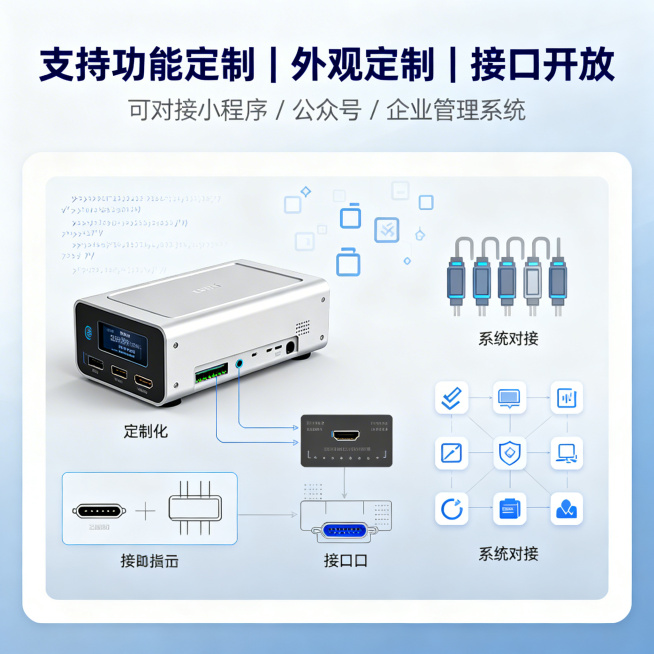 智能美业硬件电商主图，1:1比例，2K分辨率，科技简约商务风格。顶部核心信息区主标题为“支持功能定制 | 外观定制 | 接口开放”，加粗醒目深蓝色字体；副标题为“可对接小程序 / 公众号 / 企业管理预览效果