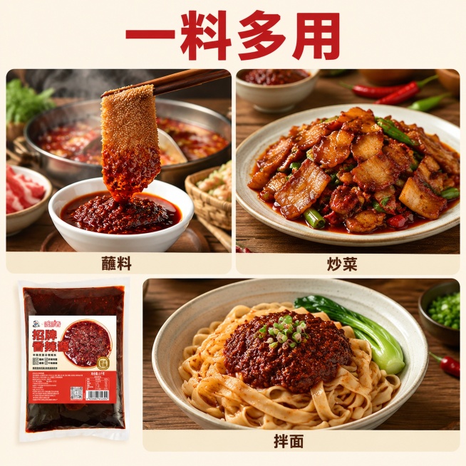 [主图-3] 招牌香辣酱多用途展示图。
[氛围风格] 真实烹饪场景代入感，实用便捷；
[画质] 商业摄影质感、光线柔和通透、产品清晰真实、画面干净高级。
[元素] 画面采用拼图布局，分三格展示三种使用预览效果
