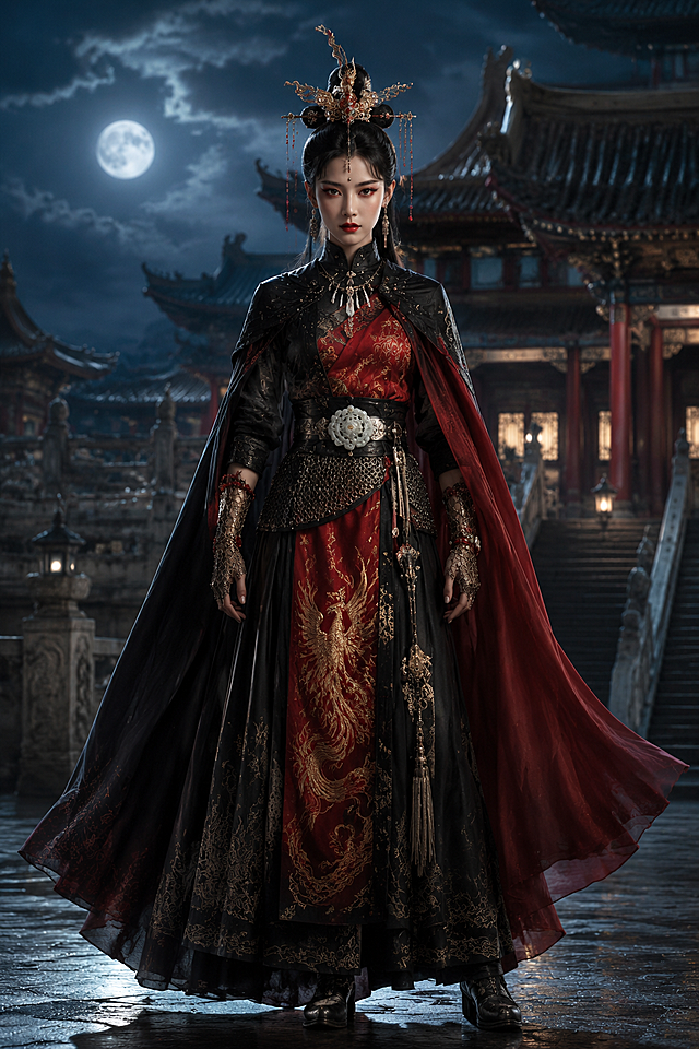 古典中式美学融合3D重拟物风，鎏金刺绣龙纹华服，金属质感配饰，月下宫阙光影交织，静谧神秘中透出奢华气韵。