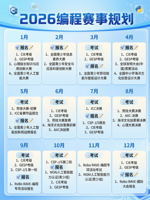 重新设计一张2026编程赛事规划时间表，保持原有表格内容和每月赛事安排不变，优化整体排版和视觉设计，使用清爽明亮的蓝色调，现代简约风格，文字清晰易读，信息层级分明，标题“2026编程赛事规划”醒目突出预览效果