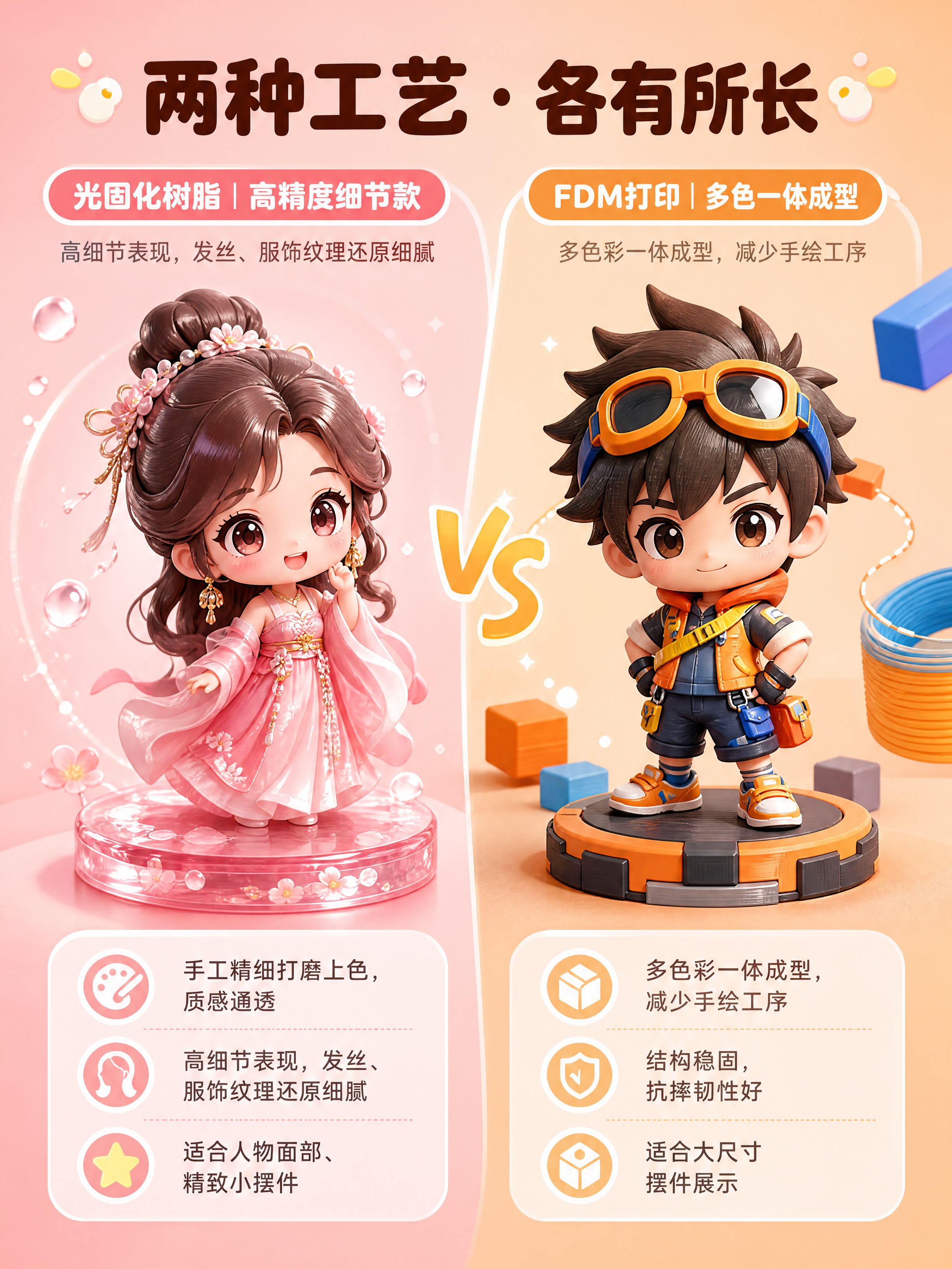 [商品] 展示两种3D打印工艺的Q版手办对比：左侧为光固化树脂… - 图片创意预览