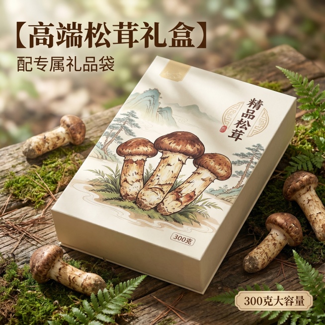 [主图 1]高端松茸礼盒产品首图。[氛围风格]田园治愈风，结合古风设计，自然清新氛围。[画质]商业摄影质感，光线柔和通透，产品清晰真实，画面干净高级。[元素]高端松茸礼盒居中展示，礼盒放置在自然木质背预览效果