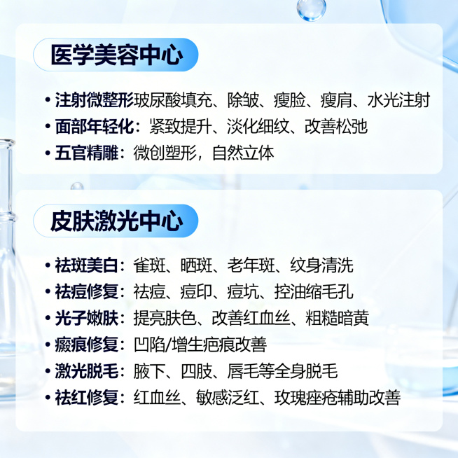天津二七二医院医学美容和皮肤激光项目宣传页，分为两个板块，第一个板块标题“医学美容中心”，项目列表：注射微整形包含玻尿酸填充、除皱、瘦脸、瘦肩、水光注射；面部年轻化包含紧致提升、淡化细纹、改善松弛；五预览效果