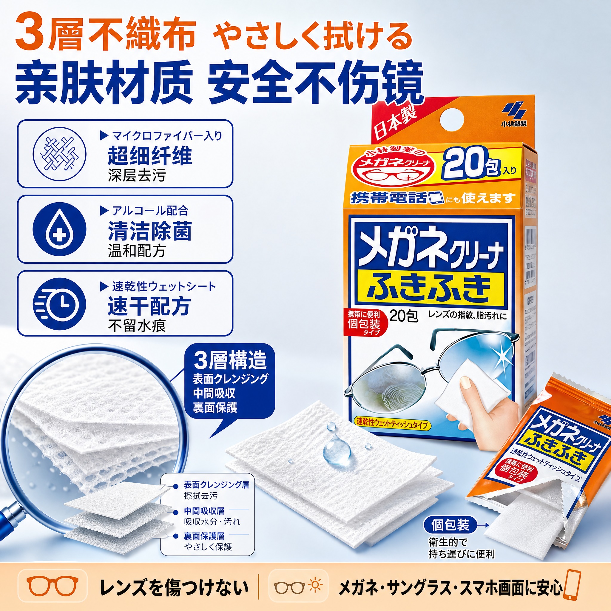 [主图-4 材质细节与安全性] 日本小林制药眼镜清洁湿巾 材质… - 图片创意预览
