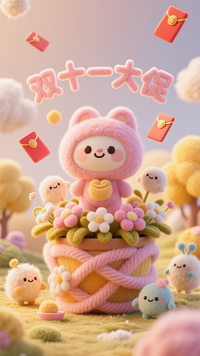 卡通主角为核心主体，周围环绕着造型 Q 萌的小生物以及装饰有花朵等元素的奇幻容器。标题“双十一大促”文字具有立体、醒目效果。采用 3D 卡通渲染风格，画面呈现出治愈、温馨的氛围，类似经典萌系动画的视觉效果。以粉色、暖黄色等明亮、柔和的暖色调为主，营造出温暖欢快的色彩氛围。空中有飘落的红包元素，为画面增添活泼与惊喜感，各类元素的材质都带有柔软、蓬松的质感表现。