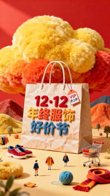 主视觉为一个大型购物袋，购物袋上展示3D文字 “12·12 年终服饰好价节”。购物袋上挂着小字标签“VIP折上折”，背景为高饱和红黄配色，微缩元素（鞋子、衣服、购物车、围巾、毛线球）装饰。预览效果