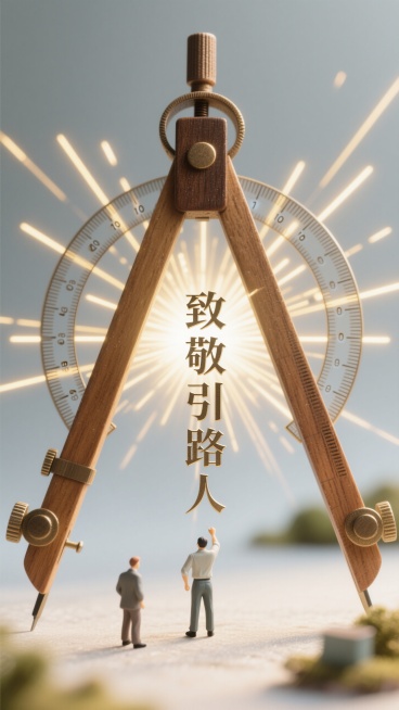 一个复古的木制圆规和三角尺交叉摆放，构成一个稳固而优美的几何结构。从圆规的圆心处，发散出无数条金色的光线，形成一道光晕。在光晕中央，是极简的金属质感字体“致敬引路人”。背景是干净的浅灰色磨砂质感，突出预览效果