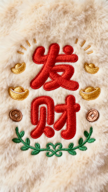 以发财为主题的毛绒质感背景设计，中央是圆润可爱风格的红色“发财”二字刺绣，字体无衬线、线条柔和，周围环绕金色元宝、铜钱等招财元素，底部点缀绿色藤蔓花纹，整体采用暖色调，视觉层次分明，信息传达直接，符合节日喜庆氛围的设计感。预览效果