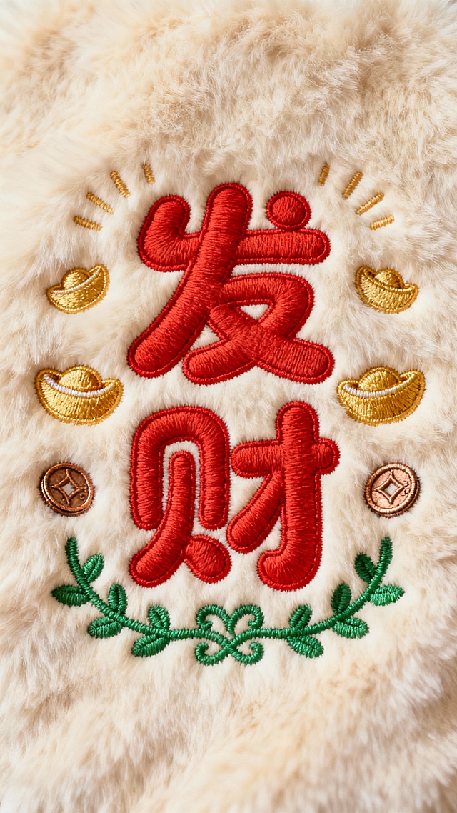 以发财为主题的毛绒质感背景设计，中央是圆润可爱风格的红色“发财”二字刺绣，字体无衬线、线条柔和，周围环绕金色元宝、铜钱等招财元素，底部点缀绿色藤蔓花纹，整体采用暖色调，视觉层次分明，信息传达直接，符合节日喜庆氛围的设计感。