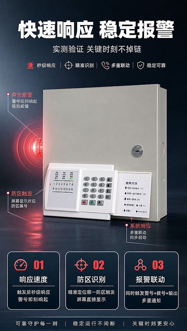 [商品] 使用【图1】CX-238W 8/16报警主机；商品处理：严格保留箱体外观、比例、颜色、键盘按键和锁具，不改变外观，仅优化光影。产品键盘区域有操作状态示意。
[画面] 目标：核心功能实测演示，展示报警触发与响应流程。构图：上中下结构，顶部标题，中部产品主机+报警触发可视化效果，底部3个功能指标卡片。阅读动线：顶部标题→中部产品与报警演示→底部3项指标。前中后景：背景深灰蓝渐变，中层产品与报警光效，前景文字与指标卡片。
[视觉] 套系策略：风格=安防行业专业商业摄影，克制高级；标题字=粗黑体，厚重有力；正文字=简洁无衬线体；主色=深灰蓝（安防行业色）；背景延展=基于深灰蓝做柔和渐变棚拍背景；强调色=警示红，仅用于报警状态指示、触发光效和重点数字；标题色=白色；正文色=浅灰；组件=圆角指标卡片、细引线、状态指示灯；光影=产品左前侧柔光，报警状态有微弱红光反射在产品边缘，整体克制不夸张。
[文字] 主标题"快速响应 稳定报警"（≤10字），副标题"实测验证 关键时刻不掉链"。3个功能指标：1.响应速度——触发后秒级响应，警号即刻响起；2.防区识别——精准定位哪一防区触发，屏幕直接显示；3.报警联动——同时触发警号+拨号+输出，多重通知。全部横向排版，手机端可读。空白区域用功能优势短句填充。
[规格] 图片比例9:16竖版，4K分辨率，负向提示：避免产品变形扭曲、颜色改变、过于彩色、夸张光效、文字竖排、文字过小、虚构性能数据。