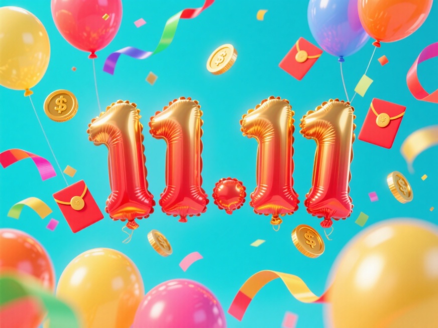 “11.11”造型的三个气球字，文字红金色，四周有漂浮在彩带、金币、红包和气球，亮色背景预览效果