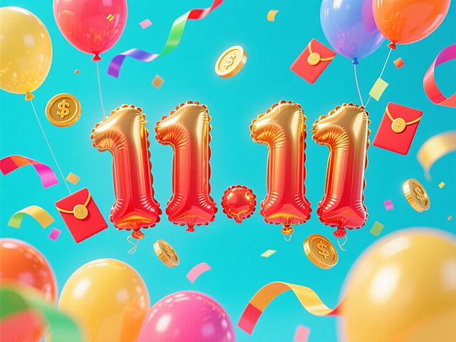 3D重拟物风格的充气数字“11.11”悬浮于空中，搭配金属质感红包与金币，营造出喜庆热烈的双十一大促氛围。