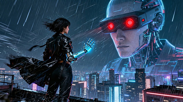 将第一张图片的女性主角替换成第二张图片的短发皮衣女性主角，保持第一张图片里主角缓缓举起右手、机械手掌亮蓝光的肢体动作，雨丝被风吹成斜线，赛博朋克风格