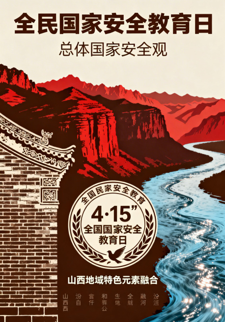 全民国家安全教育日静态宣传海报，主题为总体国家安全观，融合山西大院文化、红色太行、汾河等山西地域特色元素，画面中体现"4·15"全民国家安全教育日活动标识，中文简体文字，现代设计风格，兼具历史感与新时预览效果