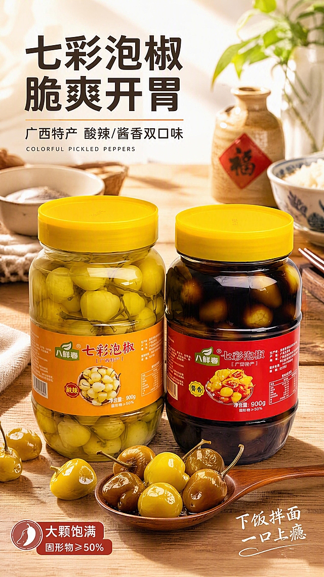 [第1张] 详情页头图-八鲜春七彩泡椒双口味全家福食欲海报。本张使用【图1】【图2】作为商品主体（酸辣味+酱香味双罐组合）。
[氛围/风格] 家常烟火气+真实食欲感，暖调自然光，商业摄影质感，不浮夸不花哨，突出产品本身。
[元素布局] 画面中下部摆放两罐七彩泡椒（左酸辣味橙标、右酱香味红标），罐体占比约55%-60%；罐前散落几颗完整的七彩泡椒和一勺舀出的泡椒，增加食欲层次；背景为浅木色餐桌，虚化的家常厨房环境，有陶瓷碗、筷子、白米饭等元素点缀；罐体结构、标签、颜色、旋盖与输入产品图一致。
[光影质感] 左上方柔和自然光，右侧辅光补亮，罐身有自然高光，底部柔和投影，整体明亮通透有温度。
[配色色系] 全局底色 #F7F2EA（米杏暖白）；主色暖木棕+泡椒红橙色；辅助色深绿标签、白色文字。
[视角构图] 正面微俯视45°，双罐为视觉中心，阅读动线上方标题 → 中部产品 → 底部信息条。
[文字版式] 左上标题区+中部双罐产品+底部信息条。主标题「七彩泡椒 脆爽开胃」，副标题「广西特产 酸辣/酱香双口味」，温润黑体字左对齐；标题下小字英文装饰「COLORFUL PICKLED PEPPERS」；底部左侧卖点标签「大颗饱满 固形物≥50%」，右下角「下饭拌面 一口上瘾」；文字不遮挡罐体。
[比例分辨率] 9:16 竖版比例，4K分辨率，文字清晰可辨，高清画质。
[负向提示词] 罐体变形，缺件错件，颜色偏差，标签文字错乱，水印，文字过小，背景杂乱，过度夸张特效。