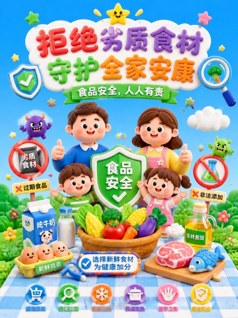 参考图中黏土风格，生成一张食品安全宣传海报，主题是“拒绝劣质食材，守护全家安康”，整体风格为活泼可爱的黏土风，色彩明亮，包含食品安全相关元素，添加主题文字“拒绝劣质食材，守护全家安康”预览效果