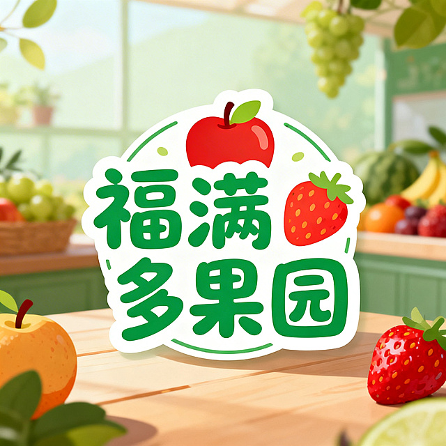 水果店店铺头像，包含文字"福满多果园"，风格清新自然，圆润可爱的Logo设计，水果元素，绿色暖色调，简约大方适合作为店铺头像