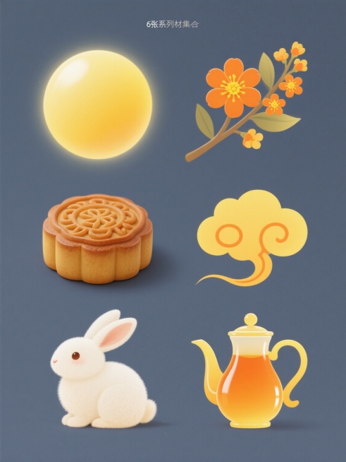 一套6张系列素材集合，每张均为简约现代风格的单一元素图案，纯色背景，无任何文字、logo或水印。元素分别为：中秋圆月（黄色渐变球形，表面光滑有柔和高光，边缘有朦胧光晕效果）、桂花（橙色五瓣花朵，中心黄色花蕊，枝干纤细，花朵呈簇状分布，具有半透明质感）、月饼（圆形，棕黄色饼皮，表面有简单花纹，边缘略微凸起，底部平整）、玉兔（白色兔子形象，体态圆润，耳朵细长竖起，姿态可爱，具有毛绒质感）、祥云（橙……预览效果