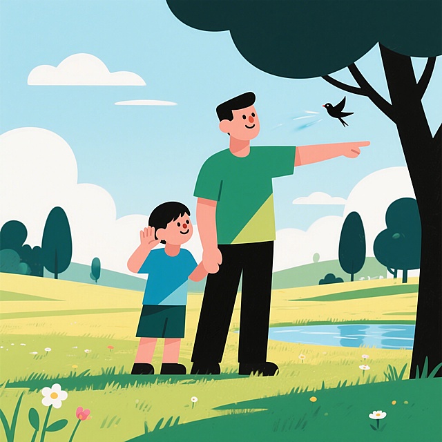 扁平插画风格的亲子户外探索场景，简单干净的2D图形，明亮柔和的色彩，温馨快乐的周末氛围。画面中，一位爸爸和一个孩子（色块风格人物，无细节五官，仅通过色块和形状表现）站在公园开阔的草地上。孩子一只手放在耳边，做出“听”的姿态，仿佛在聆听鸟叫或远处的流水声，另一只手指向远方。爸爸站在孩子身旁，同样侧耳倾听，脸上带着温和的微笑。背景是简洁的公园环境：远处有几棵树木的剪影，天空中飘着几朵白云，近处是起伏的草地和几朵小野花。画面留出开阔的视野感。画面中没有地图和指南针，重点突出亲子共同感受自然、用感官探索世界的温馨互动。整体色调以清新的绿色、柔和的蓝色和温暖的黄色为主，画面宁静而充满想象力。