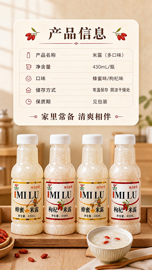 将图中下方陈列的4瓶枸杞米露替换为2瓶蜂蜜米露+2瓶枸杞米露交替陈列（从左到右：蜂蜜米露、枸杞米露、蜂蜜米露、枸杞米露），蜂蜜米露为金色边框标签+蜜蜂卡通+"蜂蜜米露"字样，枸杞米露为红色边框标签+枸杞图案+"枸杞米露"字样；保留原图的上方产品信息卡、背景厨房场景、底部小碗和枸杞等全部元素不变。同时更新产品信息卡内容：产品名称改为"米露（多口味）"，口味改为"蜂蜜味/枸杞味"，净含量"430mL/瓶"、储存方式、保质期保留；底部收尾语"家里常备 清爽相伴"保留，整体排版位置不变，光影氛围与原图一致。