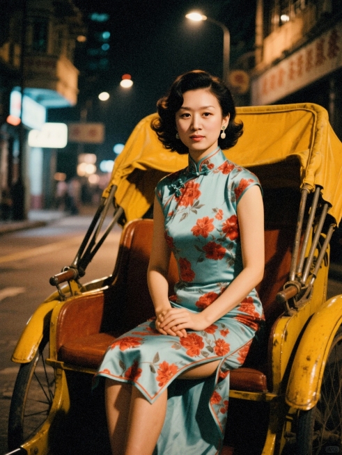 夜晚的60年代香港街道，一个女生（淡青底红花旗袍，手推波发型）坐在老式黄包车后座，双手交叠放在腿上，御姐。看镜头。预览效果