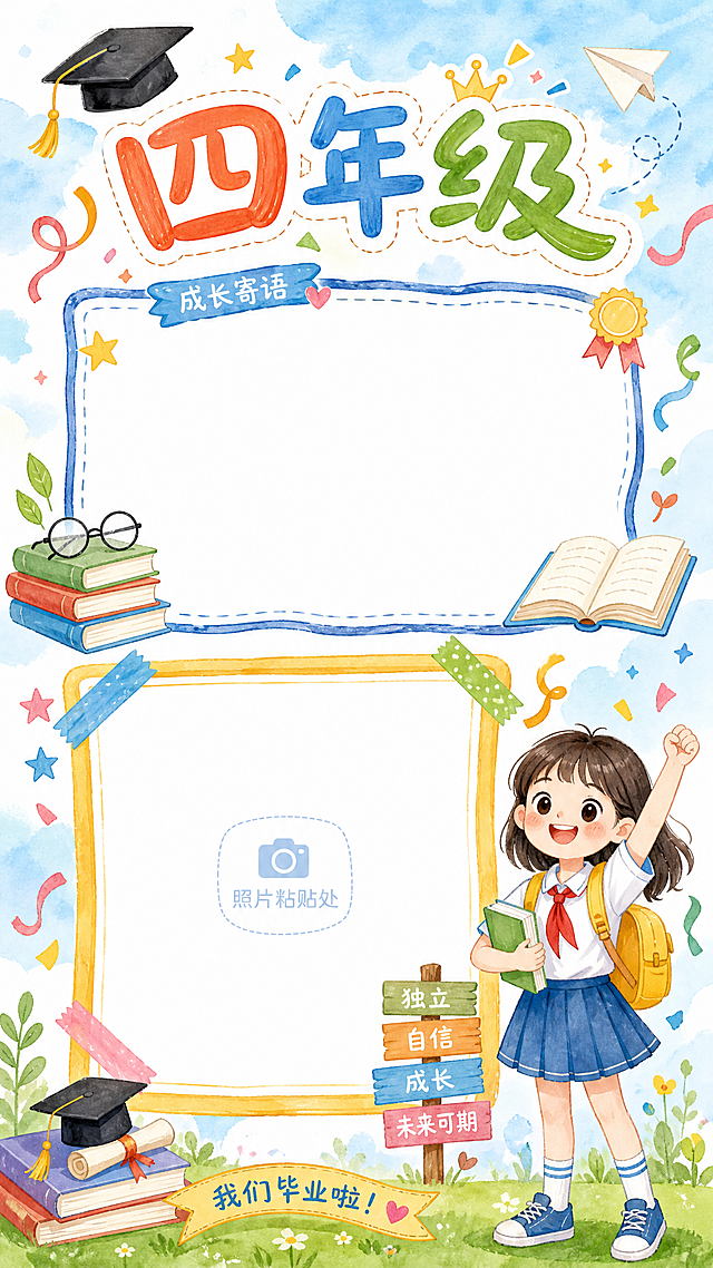 四年级毕业纪念册展示页，卡通手绘水彩风格，小学生风格，大标题"四年级"，两个空白框留作填写文案和粘贴照片，增加可爱小学生娃娃形象，点缀毕业帽、书本、眼镜、庆祝礼花等元素，色彩明亮清新，符合四年级学会独立的成长氛围