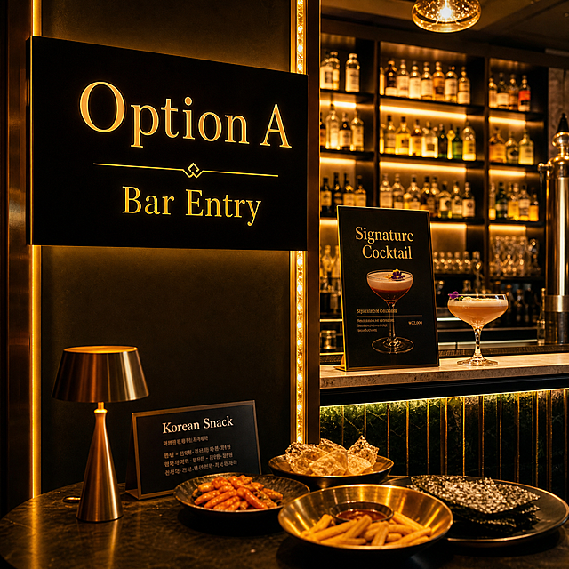 酒吧入口场景，招牌特写显示"Option A  Bar Entry"，吧台摆放"Signature Cocktail"招牌鸡尾酒，桌面上摆放着"Korean Snack"韩国特色小吃，暖黄色灯光氛围，现代轻奢酒吧装修风格，高清摄影图