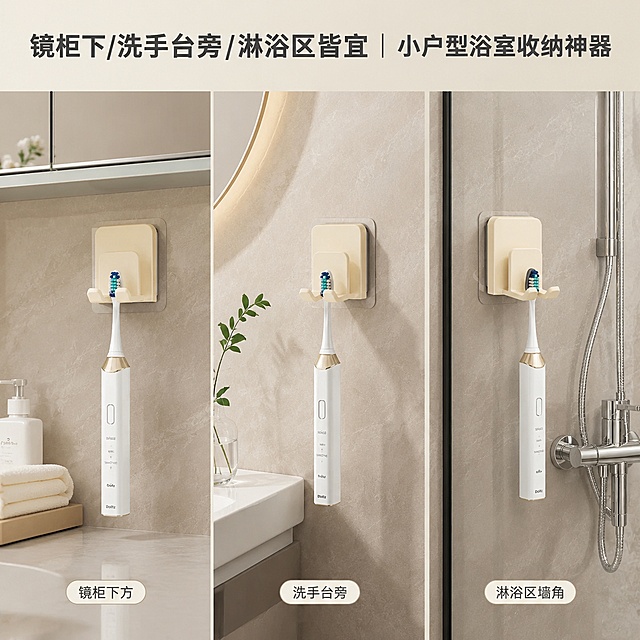 [主图-4] 多场景适配展示三格拼图
[氛围风格] 展示产品多场景适用性，突出空间利用率
[画质] 商业摄影质感、光线柔和通透、产品清晰真实、画面干净高级
[元素] 三格宫格拼图，分别展示牙刷架安装在镜柜下方、洗手台侧面、淋浴区墙角三种不同浴室场景，每个场景中的牙刷架都保持产品外观、物理结构、材质质感、颜色与输入产品图绝对一致，杜绝任何变形和色差，光影在三个场景中保持统一，整体风格协调
[光影] 每个场景都保持明亮柔和自然光，光影统一协调
[配色] 整体为浅色系浴室风格，干净通透，三个场景色调统一
[视角构图] 三格等比分屏，每个场景占据一格，均为平视视角，产品在每个场景中都清晰突出
[文字版式] 顶部大字文案“镜柜下/洗手台旁/淋浴区皆宜｜小户型浴室收纳神器”，深灰色粗体无衬线字体，文字清晰可读，不遮挡每个场景的产品展示，每个场景可添加小字场景标注，字体缩小
[比例分辨率] 1:1比例，4k分辨率，文字清晰锐利，画面超高清
[负向提示词] 变形，文字错乱，产品图模糊，背景杂乱，水印，电商平台Logo，三个场景色调不统一