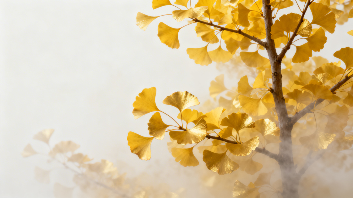 黄色银杏叶PPT底版，茂盛的银杏枝干向上伸展，叶片茂密丰满，整体雾化朦胧效果，金色银杏搭配枝干，淡雅留白设计，适合文字排版，高清背景预览效果
