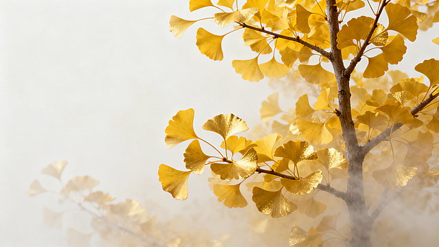 黄色银杏叶PPT底版，茂盛的银杏枝干向上伸展，叶片茂密丰满，整体雾化朦胧效果，金色银杏搭配枝干，淡雅留白设计，适合文字排版，高清背景