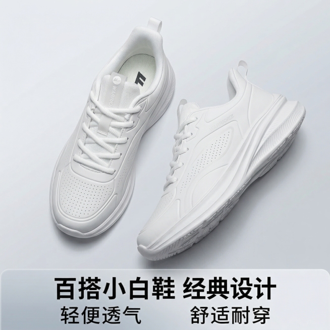 [主图 4] 回力白色运动鞋整体外观多角度展示
[氛围风格] 简约干净，产品细节展示
[画面元素] 商业摄影质感、光线柔和通透、产品清晰真实、画面干净高级。一双鞋子斜向交错摆放，一只正面一只侧面，同时预览效果