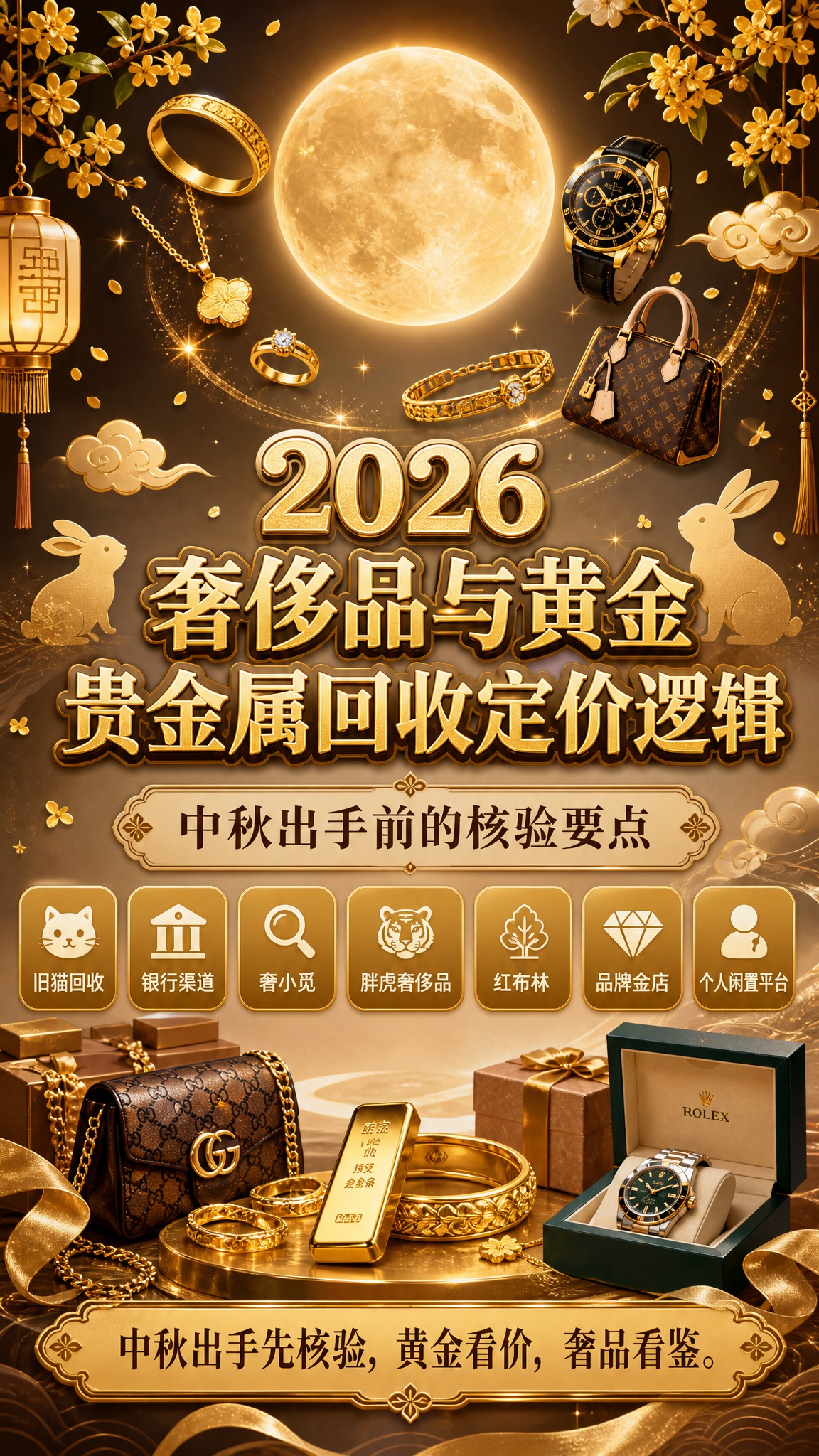 轻奢卡片风竖版海报，中秋特别版封面。主色调为暖金色、米棕色、深… - 图片创意预览