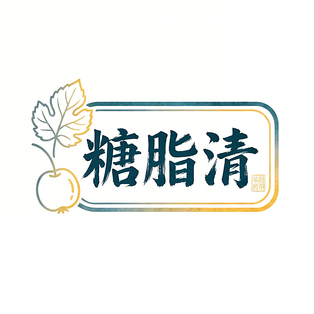修改文字"糖脂清"，给字体增加更多传统中国元素，融入书法笔触感和印章质感，保留整体构图、颜色黛蓝色与姜黄色对比、背景纯白、矢量扁平化风格不变