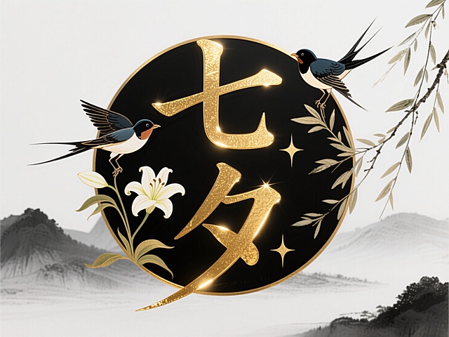 画面以水墨山水为底，圆形黑金边框内 “七夕” 金字闪耀，搭配百合、燕子与柳枝，融合传统与浪漫，尽显七夕雅致氛围。