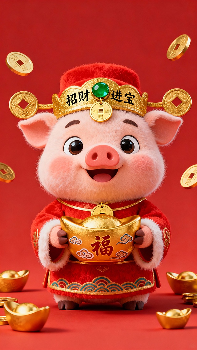 一个穿着传统红色财神爷服装的可爱卡通小猪，头戴金色财神帽，帽子上有绿色宝石装饰和写有“招财进宝”的金色圆形吊坠，双手捧着一个金色的元宝，元宝上有“福”字和祥云花纹，整体呈现3D立体效果，毛茸茸的质感，明亮的大眼睛和微笑的表情，周围散落着多个金色的铜钱和元宝，背景为纯红色，营造出喜庆、吉祥的氛围。