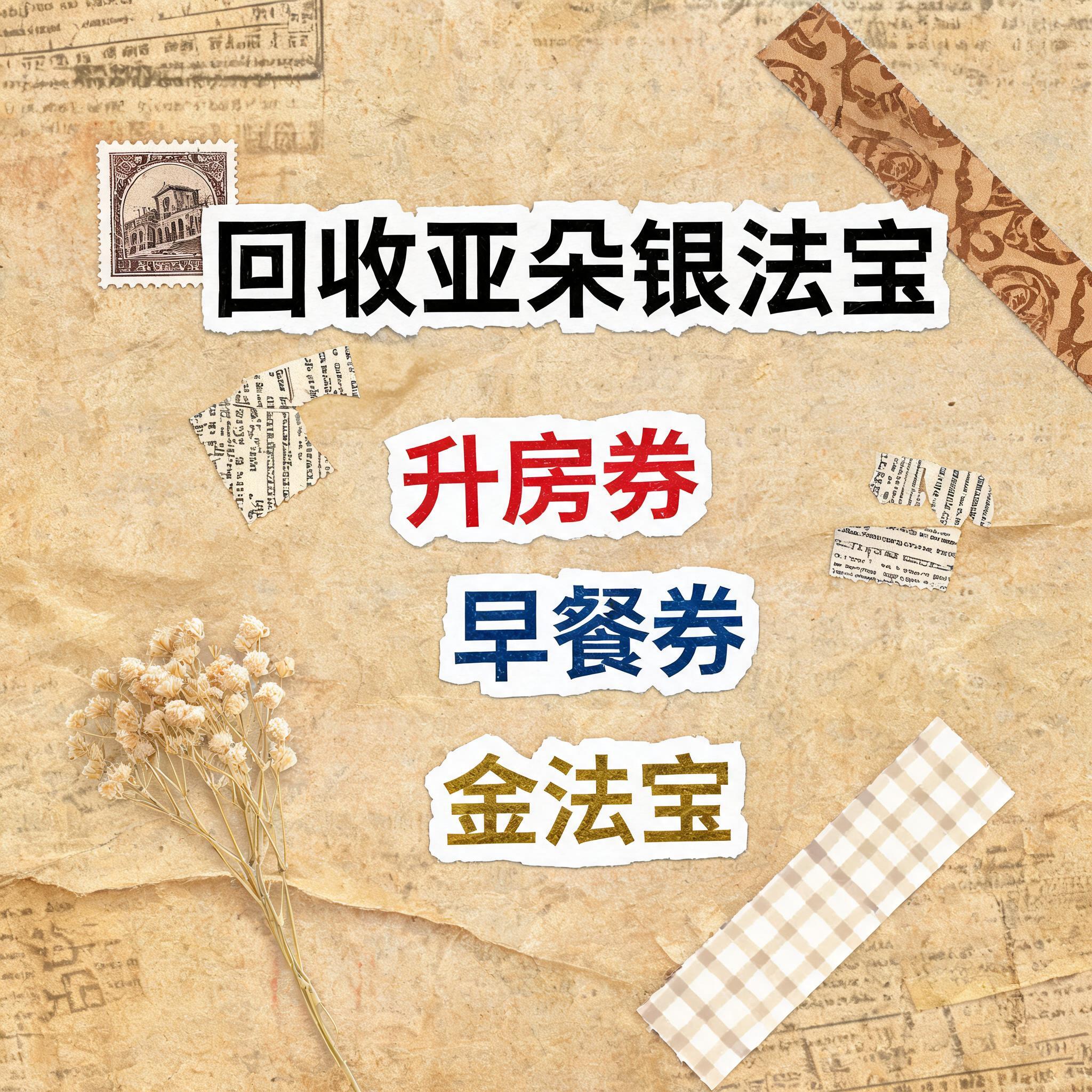小红书大字封面，手账拼贴风格，主题文字为"回收亚朵银法宝 升房… - 图片创意预览