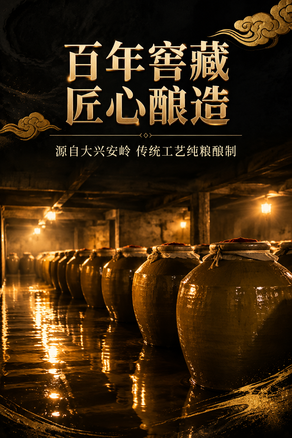 电商详情页首屏海报，参考图4图5的黑金高端风格，以酒厂酒窖陶坛… - 图片创意预览