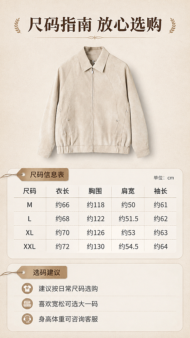 [商品] 使用【图1】浅米色麂皮绒翻领夹克；商品处理：保留翻领、中央拉链、插肩袖、松紧下摆、侧边口袋、按扣装饰、整体版型和浅米色麂皮材质；自然去除衣身杂乱褶皱，理顺垂坠，增强麂皮绒纹理、拉链五金光泽、缝线与按扣质感，不改变版型结构和颜色。
[画面] 页面目标：尺码与选购信息页，辅助用户决策；构图骨架：上方为夹克正面缩略展示（占画面约30%），下方为尺码信息表格与选码建议；主体角度为正面；景别为中景+信息排版；阅读动线从上到下；背景为浅米色细腻纸张质感底，搭配柔和分割线与信息卡片，整洁清晰。
[视觉] 套系策略：风格=高级轻复古通勤商业摄影；标题字=现代衬线粗体（带复古气质）；正文字=简洁无衬线体；主色=浅米杏；背景延展=基于浅米杏做深浅层级、同色渐变和细腻织物/皮革质感；强调色=焦糖棕，仅用于小面积图标、引线和标签；标题色=深炭棕；正文色=中暖灰；组件=圆角浅底信息卡、细线引线、复古标签；光影=左前侧暖柔光，柔和阴影。
[文字] 顶部主标题「尺码指南 放心选购」（8字）；中部为尺码表（含M/L/XL/XXL四档，列示衣长、胸围、肩宽、袖长，标注单位cm，数值用约值表达）；下方选码建议：建议按日常尺码选购 / 喜欢宽松可选大一码 / 身高体重可咨询客服；文字全部横向排版，表格清晰手机端可读。
[规格] 图片比例9:16竖版，4K分辨率，淘宝/天猫详情页适配；负向提示：避免变形、错字、文字过小、冷蓝/蓝灰背景、衣服颜色改变、版型失真、白底孤立、极限词。