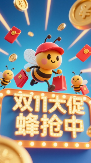 主视觉为带着红帽子的蜜蜂提着购物袋冲出画面，背后跟着3只拿着红包袋的小蜜蜂，正面视角，背景金币、红包、放射线点缀，画面下方为3D文字灯牌“双11大促 蜂抢中”预览效果
