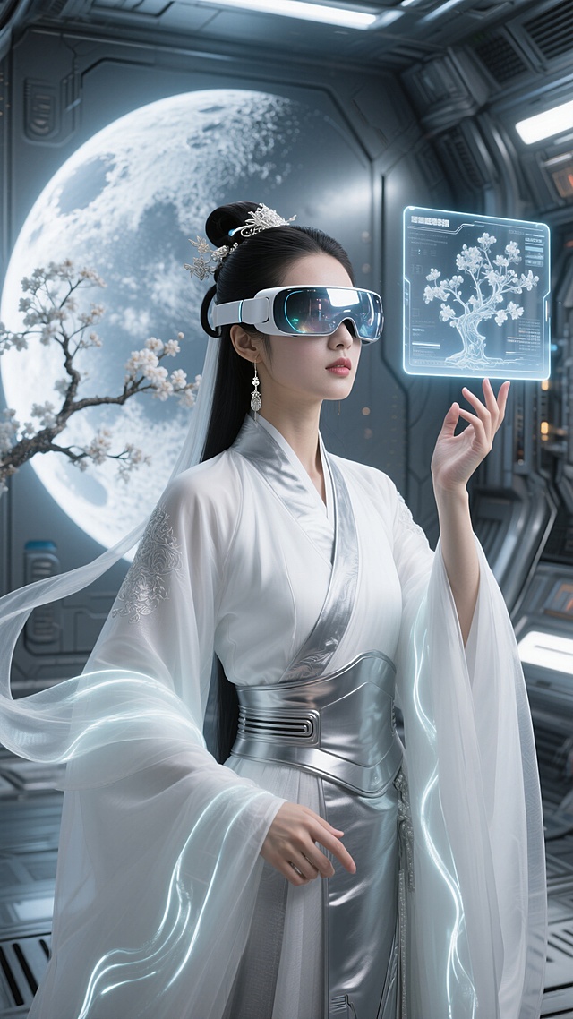 嫦娥身着银白与月白相间的机能风汉服，广袖边缘嵌着流光线条，头侧悬浮着半透明信息屏，一只手上悬浮一副 VR 眼镜，镜片反射出全息光影。背景是金属质感的月球基地，舱壁上投射着全息桂花树影，半身镜头，望向镜头，科技与古韵交融的神采。
