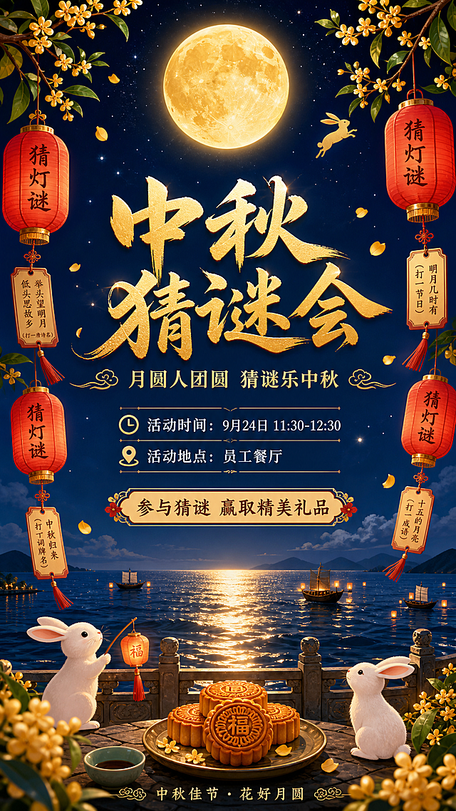 中秋猜谜活动海报，海上生明月意境，喜庆热闹节日氛围。画面顶部是深蓝色夜空，一轮硕大明亮的金色圆月高挂在画面上方夜空中央，月光洒向下方的海面形成金色倒影，海面微波粼粼，远处有几艘小船，意境开阔。月亮在画面上半部分，位置靠上，不在中间。月亮下方是主标题"中秋猜谜会"，采用大气的书法字体，金色渐变，醒目喜庆。主标题下方是副标题"月圆人团圆 猜谜乐中秋"，白色或浅金色字体。再往下是活动信息区域，排版清晰："活动时间：9月24日 11:30-12:30"、"活动地点：员工餐厅"，搭配简约的图标，文字为白色或金色。活动信息下方有"参与猜谜 赢取精美礼品"的活动引导语。画面两侧悬挂着几盏红色的传统灯笼，灯笼上写着灯谜，随风轻摆，增添喜庆氛围。画面四角点缀金色桂花枝和飘落的花瓣，玉兔剪影点缀其间。画面底部有海面、栏杆、月饼、兔子等中秋元素作为装饰，底部有"中秋佳节·花好月圆"装饰小字。整体构图：月亮在上部，标题和活动信息在中部，装饰元素分布两侧和底部，层次分明。整体配色：深蓝夜空 + 金色圆月 + 红色灯笼 + 金色点缀，喜庆而不杂乱，既有海上明月的开阔意境，又充满中秋佳节的热闹喜庆氛围。版式精美，四周留有安全边距。画面中所有信息区域必须填充完整合理的内容，不得出现空白框、空白占位、横线待填写区域、空列表项、空单元格。画面中不出现任何二维码或二维码占位符。
