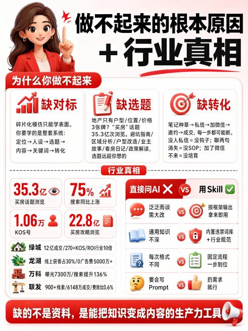 【小红书】3:4竖版信息流卡片，1080×1440px，白底浅红渐变。左上角3D卡通女性角色竖食指做"重点"手势。顶部标题黑色大字："做不起来的根本原因 + 行业真相"。画面上半区"为什么你做不起来"预览效果