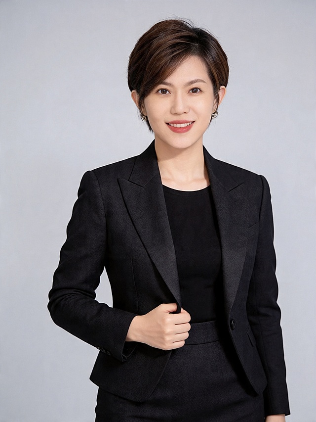 参考图中保留人物脸型、发型、年龄等特征生成职场形象照,标准焦段50mm,f/4光圈(f/2.8-f/4区间),平视视角(镜头与人物视线齐平);人物占画面70%,人物居中(居中构图),位于画面中心,为视觉聚焦点,入境范围头部及以下至臀部下方10cm(半身像);左右留少量背景空间;头部与画面顶部保留5%空间;头部发型完整,头肩比例协调,人物结构准确;身穿深黑色精纺羊毛混纺西装外套,(平驳领设计,面料呈细腻微微哑光质感);内搭黑色高支精梳棉内搭;下装深黑色精纺羊毛混纺西装套裙;着装正式干练;权威沉稳、格局开阔、从容果决、值得信赖;身形匀称,姿态端正,身体挺拔。呈右手轻握西装前襟的自然姿态，肢体放松且自信;发质微微柔顺，微微蓬松。简约微微中度灰色纯色背景(呈现均匀柔和质感),背景光线均匀柔和,强化色彩对比的高级感。极简干净;32k画质超高分辨率、细节清晰,现代精致感风格;肤质精细化处理;眼神直视镜头,目光坚定且澄澈,表情自然。嘴角上扬;清透自然裸妆(轻薄底妆+淡唇妆)妆感轻薄轻透裸肌感,通透感肤质,肤色均匀白皙,雾面柔光裸肌感,保留真实毛孔纹理,自然提亮｡正面柔光补光,4800K中性光,面部光比1:1.5,色调明亮｡中近景写实摄影,对焦清晰,高清保留皮肤细节｡分辨率4K,去除人物之外的所有元素。严格按照图片内容生成。画面比例3:4